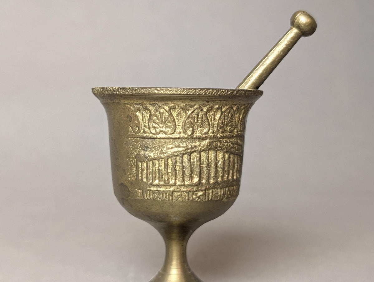 Vintage Brass Miniature Mortar Pestle Parthenon Greek Souvenir Small Spice Grinder Solid Brass Saffron Crusher Mid Century Vessel