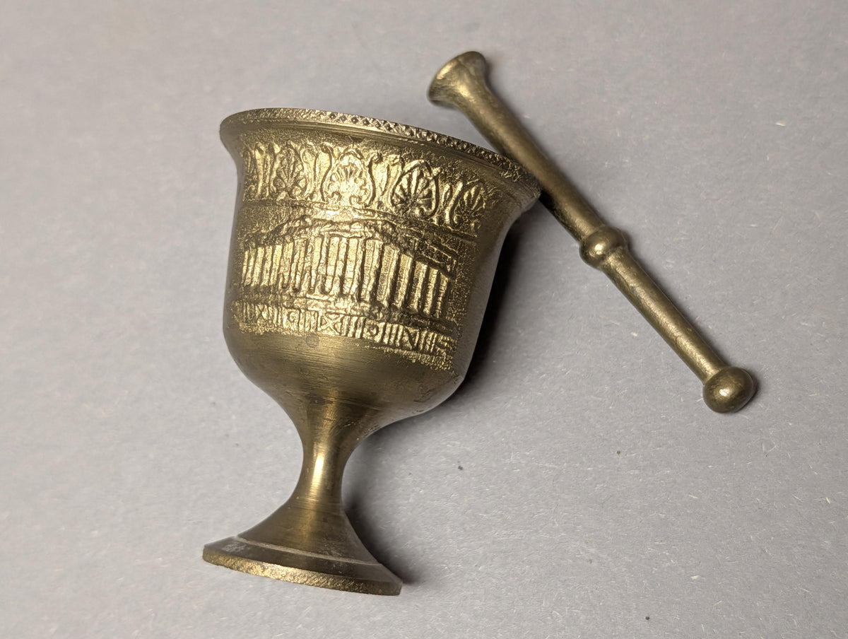 Vintage Brass Miniature Mortar Pestle Parthenon Greek Souvenir Small Spice Grinder Solid Brass Saffron Crusher Mid Century Vessel