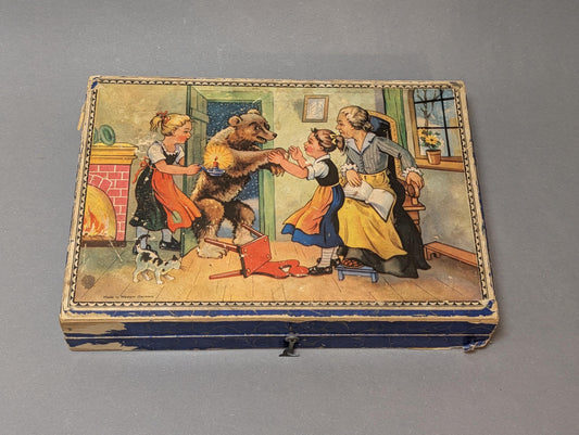 Antikes Grimm-Märchen-Holzwürfelpuzzle, 20 Teile mit Originalkiste – Gesamtansicht, Deutschland 1940er