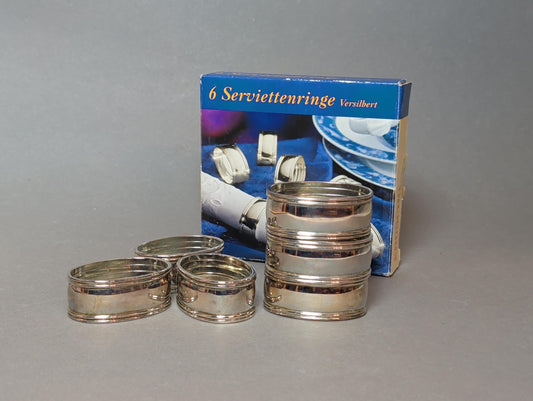 Sechs versilberte Eduscho-Serviettenringe in Originalbox, Gesamtansicht