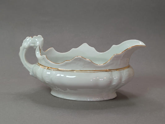 Weiße Porzellan-Sauciere mit Blütenrelief und Goldrand, Vintage Neo-Rokoko