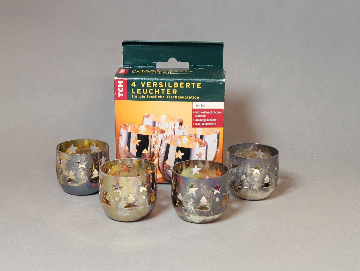 Vier versilberte TCM Teelichthalter in Originalbox, Gesamtansicht