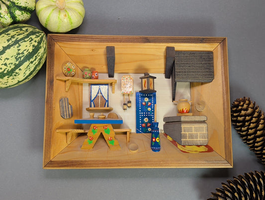 Vintage 3D-Holzdiorama Alpenstube im Schaukasten, 27 × 19 cm