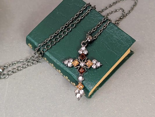Vintage Gothic Kreuzkette mit Strasssteinen in Bernstein und Topas, Gunmetal, 1990er