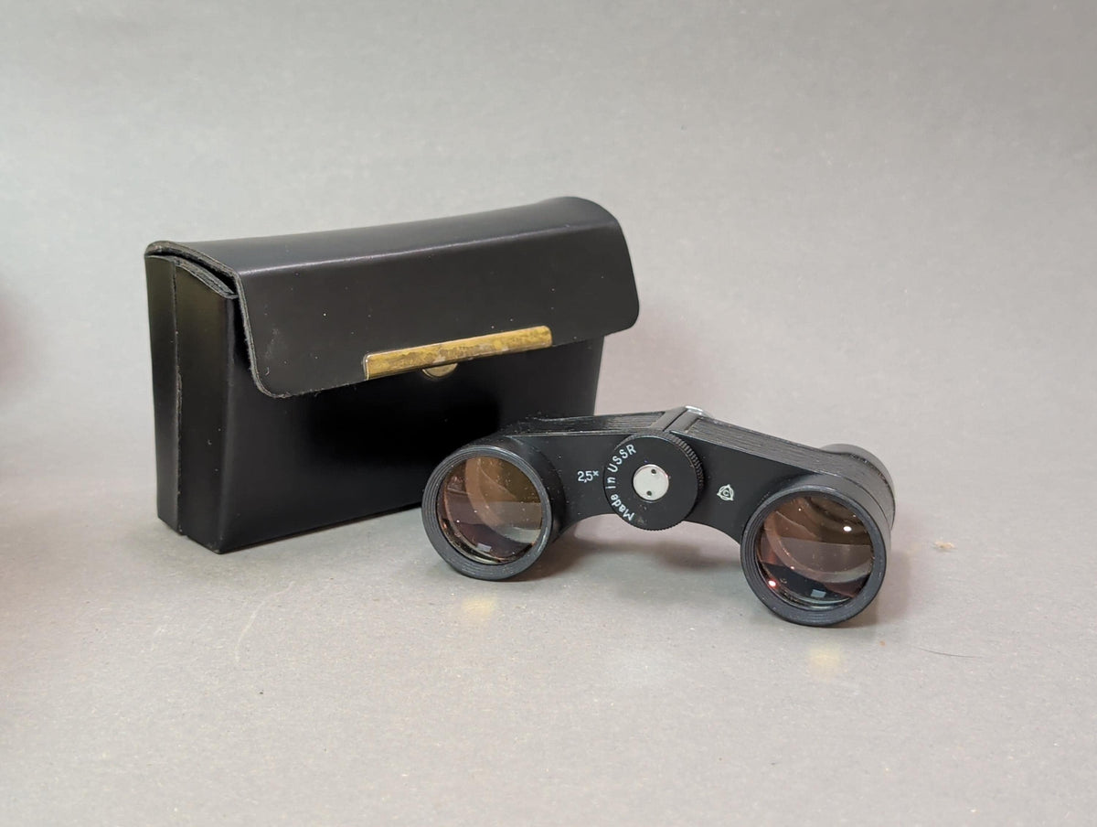 Sowjetisches Vintage Opernglas 2,5x mit schwarzem Hartschalen-Etui, 1970er