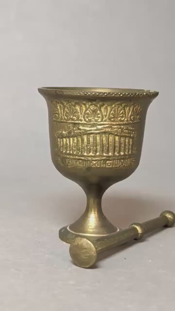 Vintage Brass Miniature Mortar Pestle Parthenon Greek Souvenir Small Spice Grinder Solid Brass Saffron Crusher Mid Century Vessel