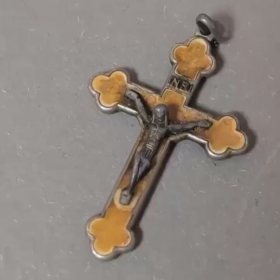Rare Antique French Catholic Cloverleaf Crucifix Pendant Yellow Enamel Chi Rho Monogram
