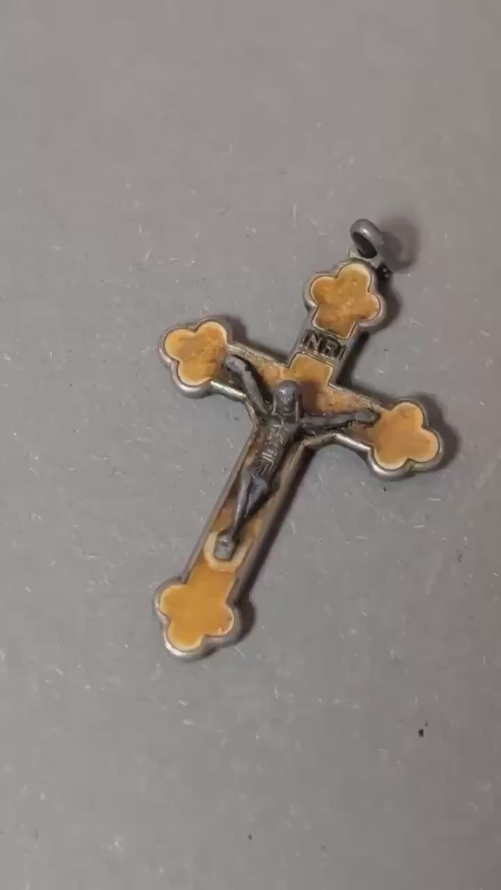 Rare Antique French Catholic Cloverleaf Crucifix Pendant Yellow Enamel Chi Rho Monogram