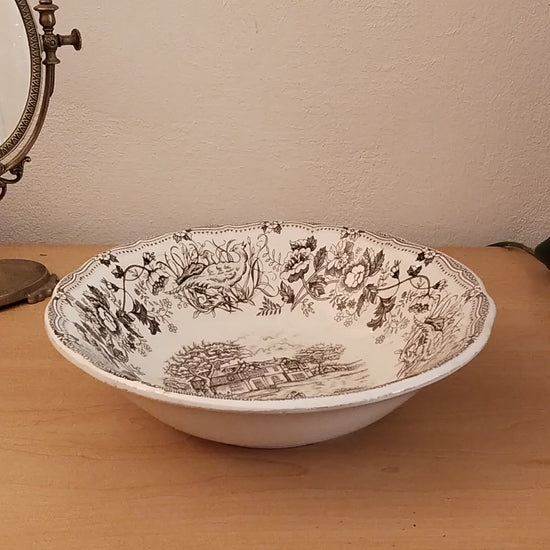 . Video.Ironstone Schüssel mit braunem Transferdruck, Seitenansicht – englisches Herrenhaus-Motiv, Wellenkragen, 1981