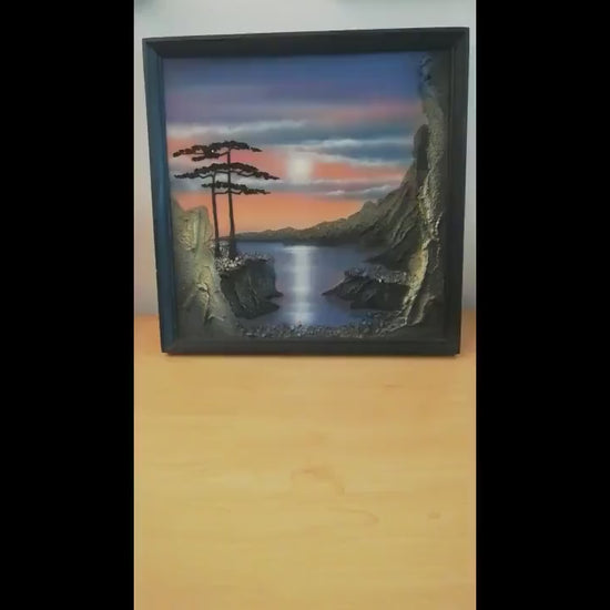 Vintage painting, Handcrafted textured relief Japanese artwork, Mystical landscape, Sunset over a lagoon,