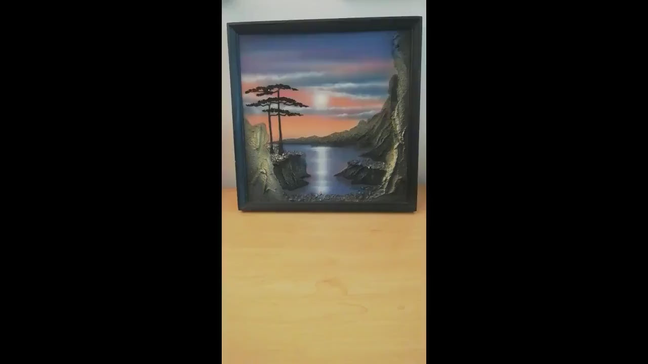 Vintage painting, Handcrafted textured relief Japanese artwork, Mystical landscape, Sunset over a lagoon,