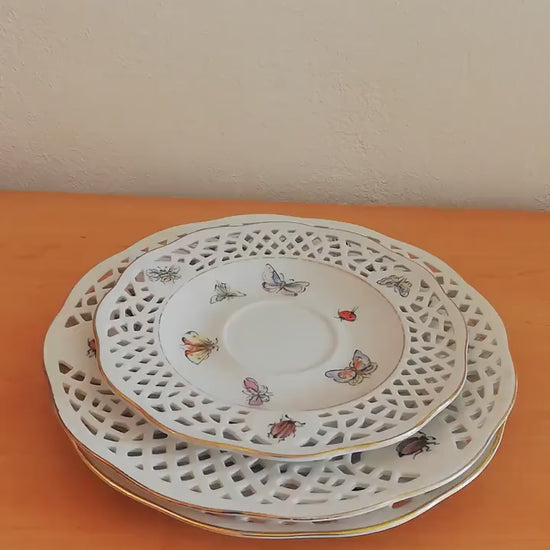 Porcelain plate set 3 with perforated pattern, Lindau Castle, 3 pieces, Vintage, Germany
