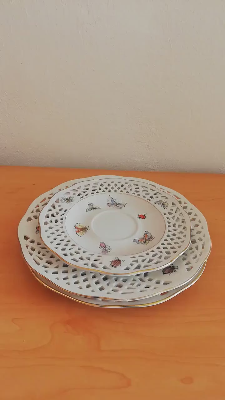 Porcelain plate set 3 with perforated pattern, Lindau Castle, 3 pieces, Vintage, Germany