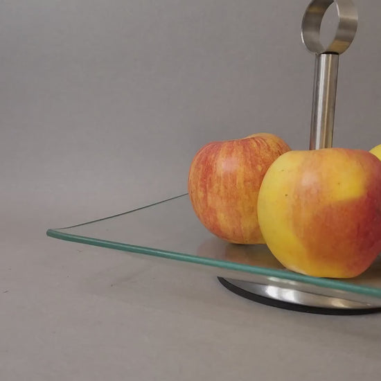 Vintage Square Glass Cake Stand with Metal Handle (15x21 cm) | Mid-Century Modern Pedestal Tray | Retro Dessert Fruit Server