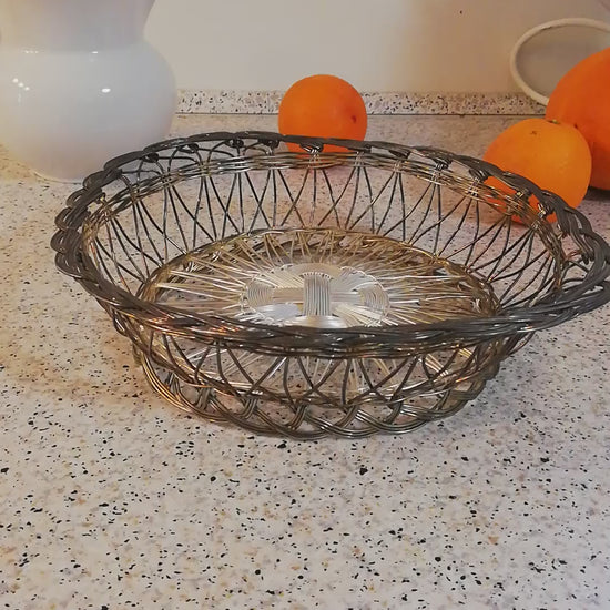 Ovale Obstschale aus versilbertem Draht, Vintage Drahtgeflecht aus Österreich, Video.