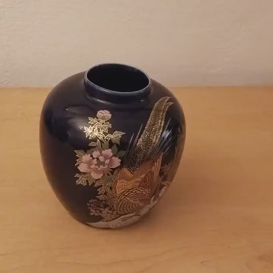 Vintage cobalt blue vase with gold painting – pheasant motif, ideal for flowers and as a storage vessel