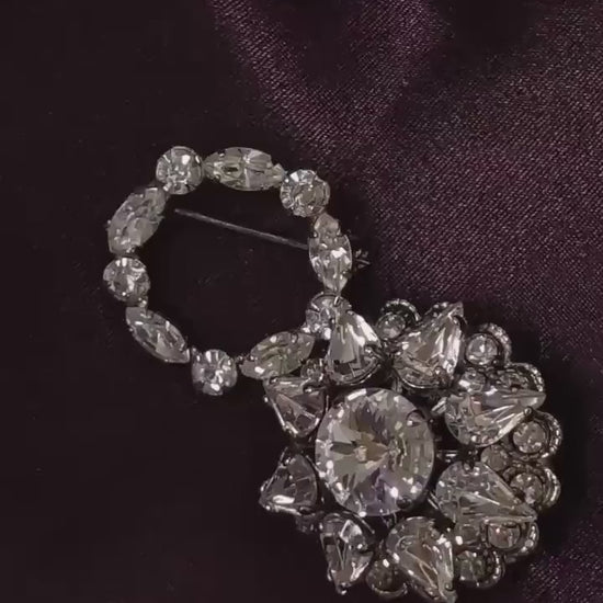 Rare Vintage Crystal Brooch Large Tiered Floral Pin Wreath Brooch Clear Rhinestone Austria Czechoslovakia Jewelry