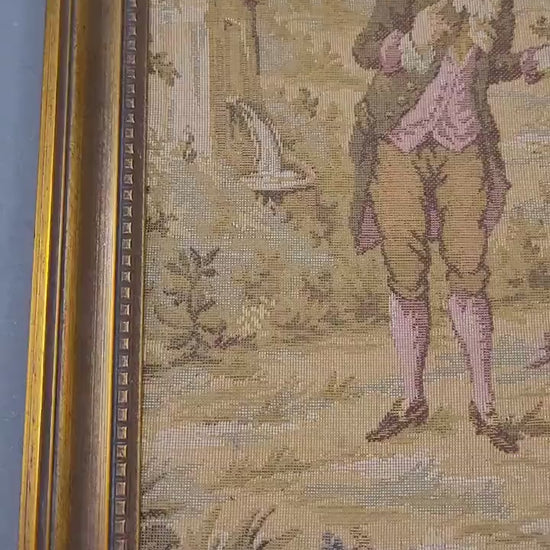 Square Vintage Rococo Tapestry (25cm) in Gilt Frame | Pastoral Couple Wall Hanging | Vienna Decor