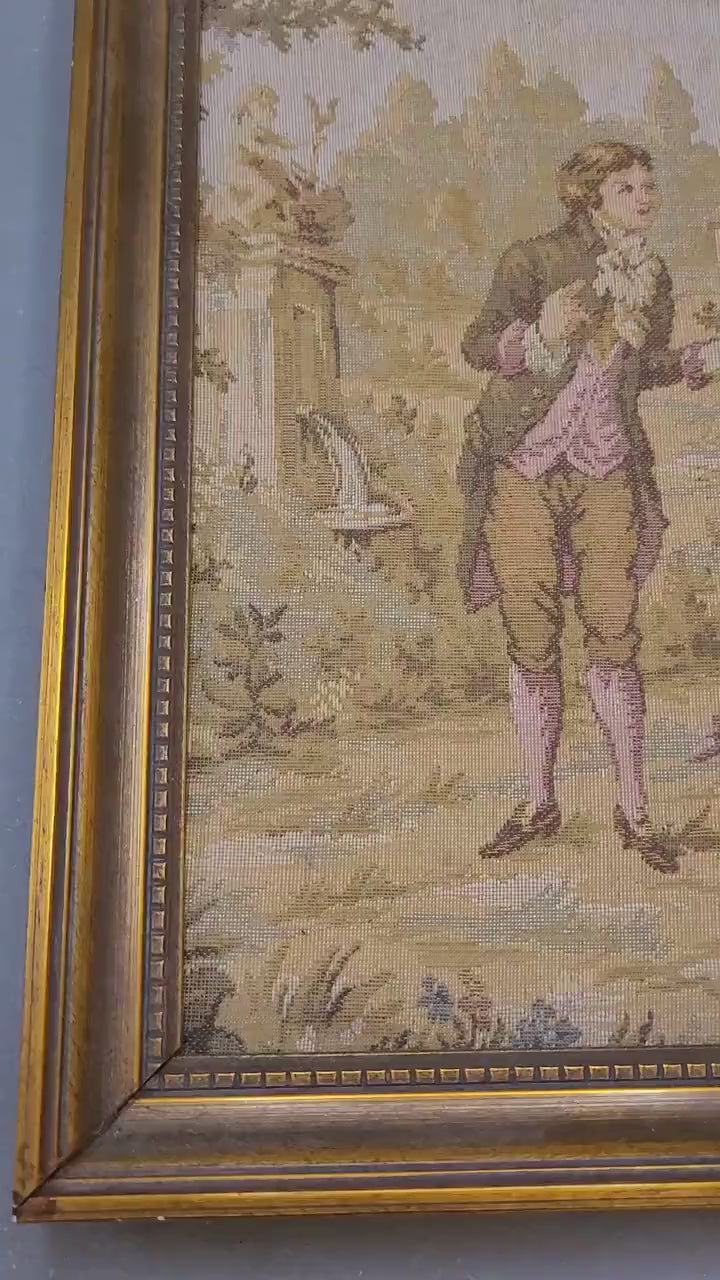 Square Vintage Rococo Tapestry (25cm) in Gilt Frame | Pastoral Couple Wall Hanging | Vienna Decor