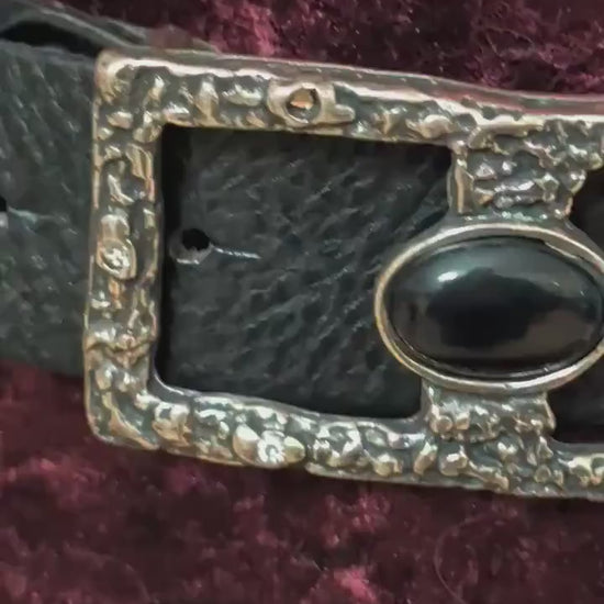 Vintage Black Leather Belt Made in Italy Sorelle Ramonda Chunky Statement Silver Buckle Black Cabochon Stone 80s 90s Gothic Western Size 90