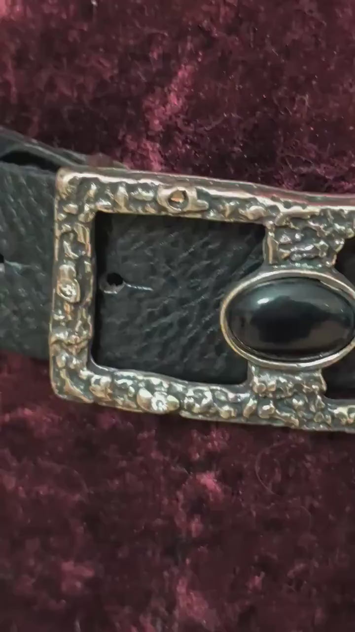 Vintage Black Leather Belt Made in Italy Sorelle Ramonda Chunky Statement Silver Buckle Black Cabochon Stone 80s 90s Gothic Western Size 90