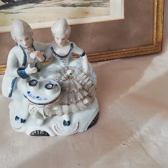 Porcelain figure in rococo style with cavalier and lady drinking tea, vintage, antique from Germany