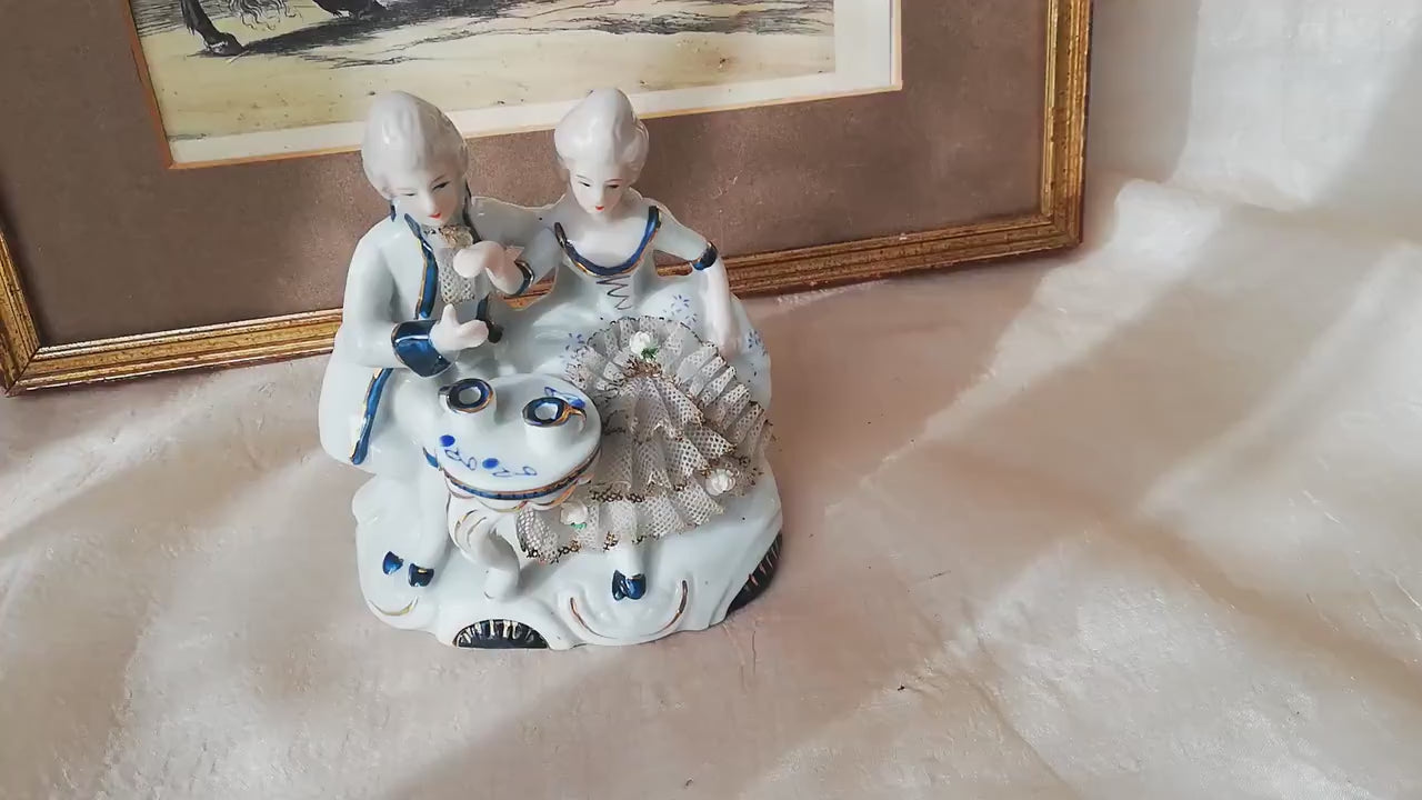 Porcelain figure in rococo style with cavalier and lady drinking tea, vintage, antique from Germany