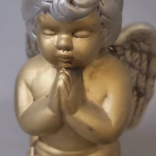 Vintage Ceramic Praying Angel Figurine – Gold and Silver Hand Painted Cherub Statue, 1990s Religious Decor, Guardian Angel Gift