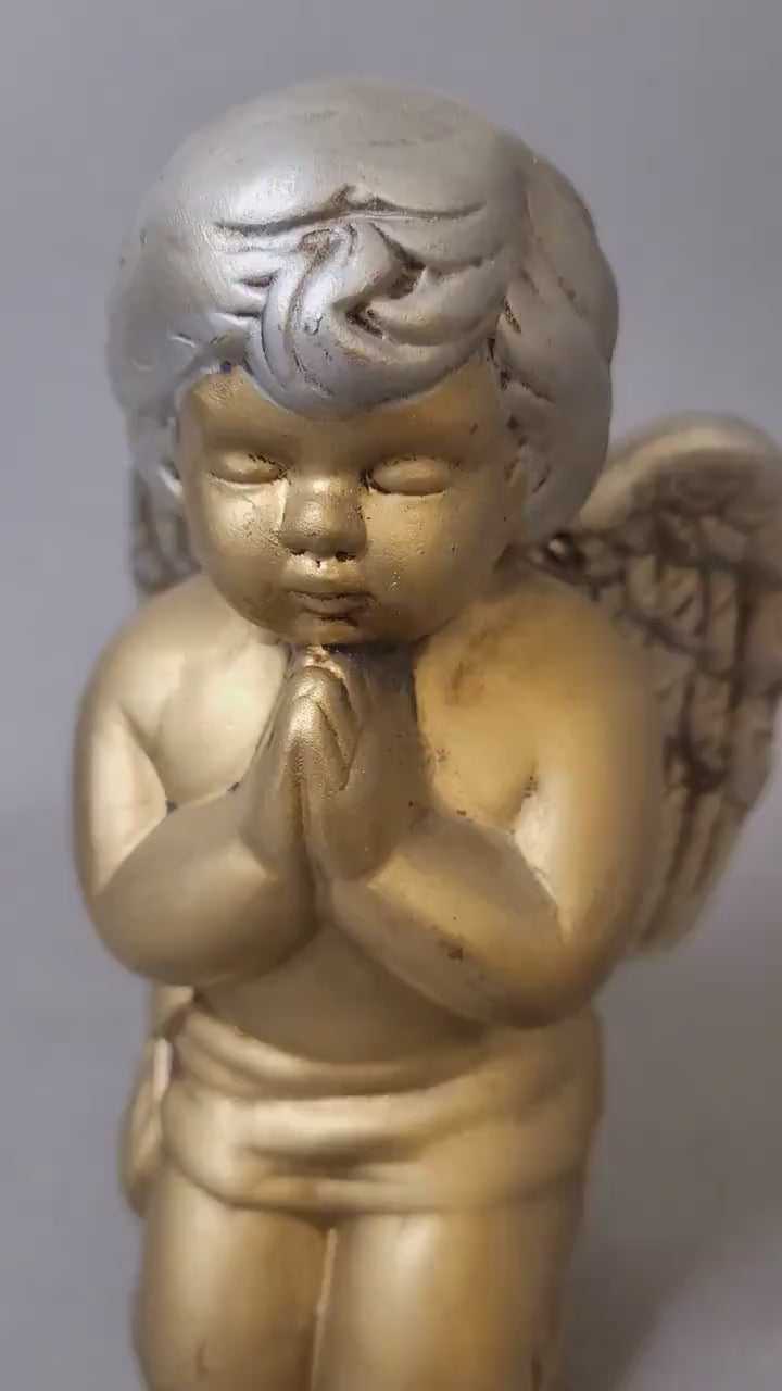 Vintage Ceramic Praying Angel Figurine – Gold and Silver Hand Painted Cherub Statue, 1990s Religious Decor, Guardian Angel Gift